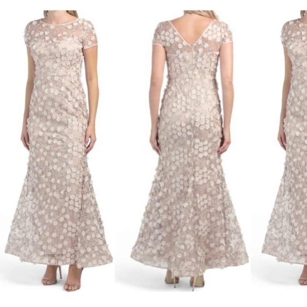 XSCAPE 3D Flower Lace Gown in Blush Multi Size 14